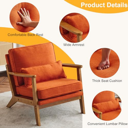 Mid-Century Lounge Accent Chair, Burnt Orange | Wide Curved Armrest, Linen Fabric, Lumbar Pillow Included, Solid Wood Frame, For Living Room, Bedroom, Balcony, Apartment