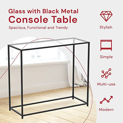 & Co. - Metal Console Table with Glass, Black Console Tables for Entryway, Use As Doorway Table, Narrow Bar Table, or Accent Furniture for Decorating Foyer, 12 x 28 x 31 Inches