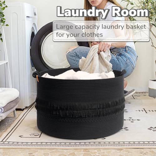 Large Blanket Basket Living Room, Laundry Basket With Tassel, 90L | Woven Storage Basket for Toys, Clothes & Pillows Storage，Bedroom Nursery Décor, Laundry Hamper With Handles, Black