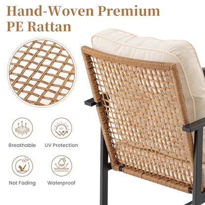 3-Piece Outdoor Rocking Chairs Bistro Set, Rattan Patio Furniture with Thick Warm Beige Cushions & 2-Tier Storage Coffee Table for Garden, Porch, Balcony,Backyard