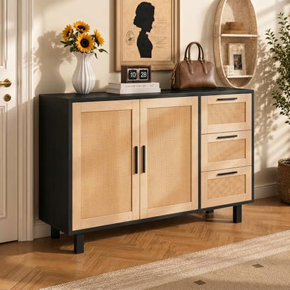 47.2-Inch Rattan Sideboard Buffet, 3 Drawers, 2 Doors, Black, view 2