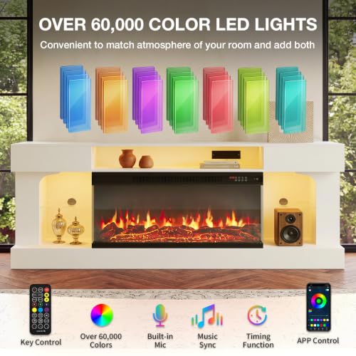 70" Modern Fireplace TV Stand,3-Sided Glass Electric Fireplace,White&Black, view 6