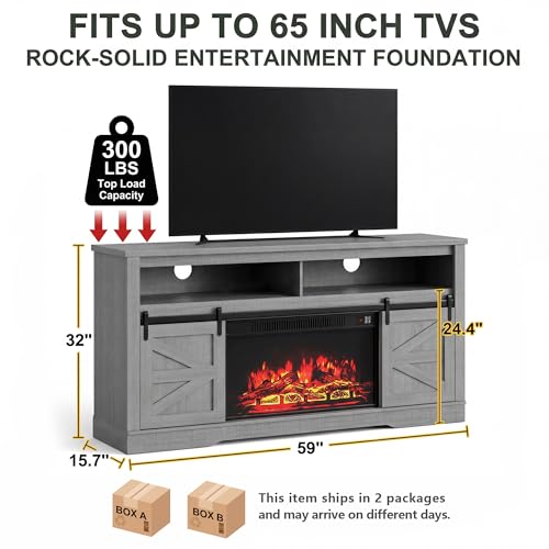 Farmhouse Fireplace TV Stand for TVs up to 65 Inch,Rustic Gray, view 4
