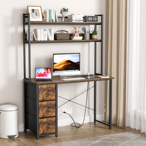 47" Computer Desk with 3 Drawers,Desk with Hutch and Power Outlets, view 2