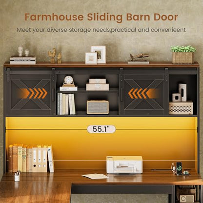67" Farmhouse L Shaped Desk with Hutch, Black+Brown, view 5