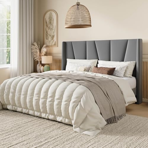Queen Size Upholstered Platform Bed Frame with Headboard, Grey, view 4