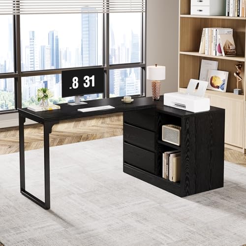 Tribesigns L-Shaped Computer Desk with Drawers and Shelves, Reversible Corner Office Desk with Storage Cabinet, Modern Study Writing Table for Home Office, Bedroom (Black)