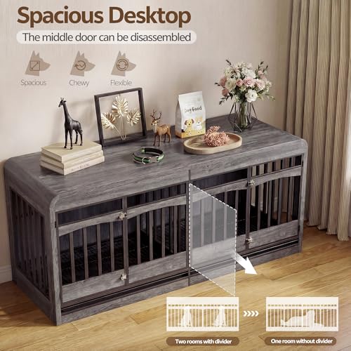 72" Double Dog Crate Furniture, Dog Crates for 2 Medium Dogs, Grey, view 4