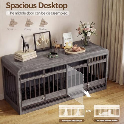 72" Double Dog Crate Furniture, Dog Crates for 2 Medium Dogs, Grey, view 4