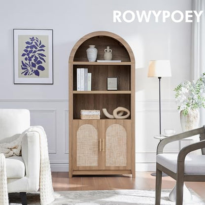 Rattan Arched Cabinet Bookshelf - 69.3” Tall Mid Century Display Cabinet, Rounded Bookcase with Rattan Doors, Open Shelf Storage for Dining Room (Caramel Oak, 1 PC)