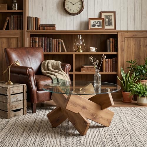 Round Glass Coffee Table, 33.4 Inch Clear Tempered Glass Top Coffee Table with Rustic Wood Crossed Legs, Modern Small Glass Center Table for Living Room Home