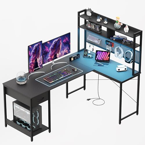 L Shaped Gaming Desk 53" with Hutch, LED Light and Drawer, view 2