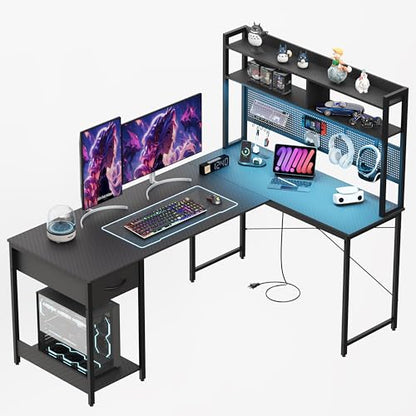 L Shaped Gaming Desk 53" with Hutch, LED Light and Drawer, view 2