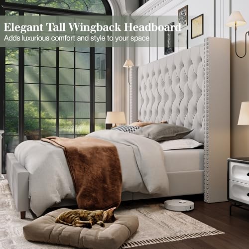Queen Bed Frame 61.4" Tall Headboard Velvet upholstered,Cream, view 5