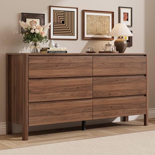 Walnut 6 Drawer Dresser for Bedroom, 55"Wide Modern Wood Dresser, view 2