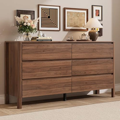 Walnut 6 Drawer Dresser for Bedroom, 55"Wide Modern Wood Dresser, view 2