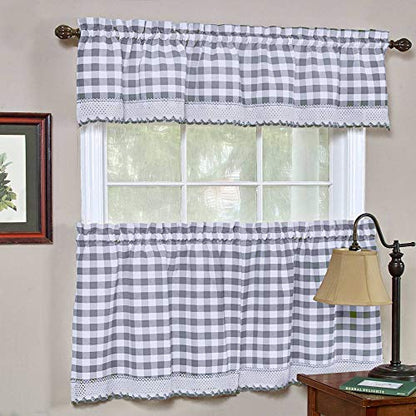 Farmhouse Curtains Kitchen Décor, Buffalo Plaid Valance, Classic Country Plaid Gingham Checkered Design, Farmhouse Décor, Window Curtain Treatments (Grey, 58" W x 14" H Valance)