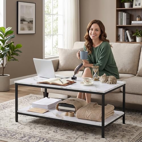 2-Tier Coffee Table with Storage Shelf for Small Apartment Living Room, Rectangle Wood and Stable Metal TV Stand Side End Table, White Marble