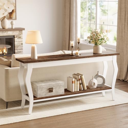 70.9 Inches Long Console Table, 2-Tier Vintage Wooden Sofa Table Behind The Couch with Metal Legs for Hallway, Entryway, Living Room, Brown & White