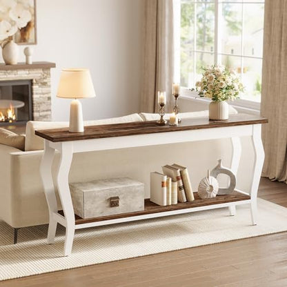 70.9 Inches Long Console Table, 2-Tier Vintage Wooden Sofa Table Behind The Couch with Metal Legs for Hallway, Entryway, Living Room, Brown & White
