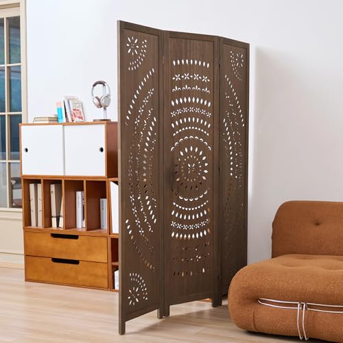 66.9Inch Folding Room Divider, 3 Panels Wood Carved Privacy Screens, view 5