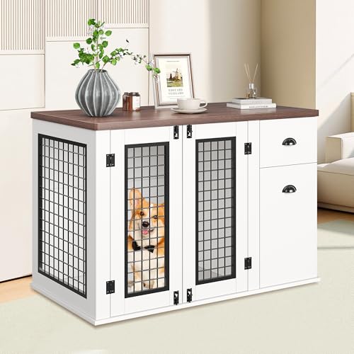 Elegant Wooden Dog Crate Furniture with Double Doors, Storage Drawers, view 3