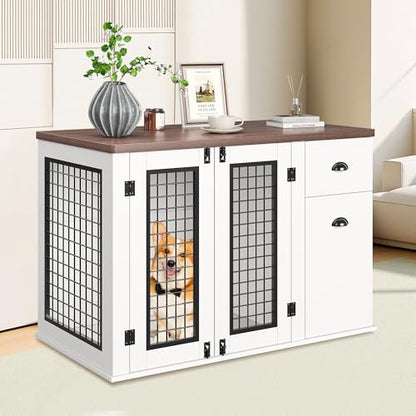 Elegant Wooden Dog Crate Furniture with Double Doors, Storage Drawers, view 3
