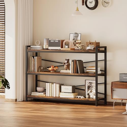 3 Tier Bookcase 47.24" Width, Long Industrial Book Shelf, Vintage Wooden Large Book Shelf for Home Living Room Bedroom Office Storage(Vintage)