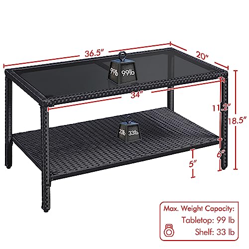 Yaheetech Outdoor Wicker Coffee Side Table with Tempered Glass Top, Black | All-Weather Rattan Patio Storage Furniture for Garden
