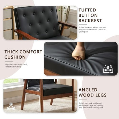 Mid-Century Retro Modern Solid Wood Armrest Black Accent Chairs Set of 2, Faux Leather Arm Chairs for Living Room, Waiting Room Chairs (2, Black)