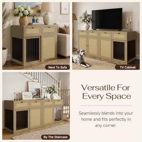 2-Piece Double Dog Crate Furniture, 80 Inch, Light Oak, view 7