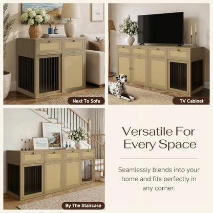 2-Piece Double Dog Crate Furniture, 80 Inch, Light Oak, view 7