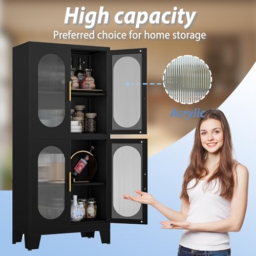 Black Metal Storage Cabinet with Doors and 3 Shelves (2 Adjustable) for Kitchen, Laundry Room, Home Office, Kids Room
