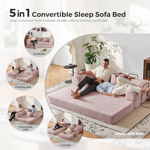 79" 5-in-1 Convertible Sofa Bed No Assembly, Boneless Couch Bed with High Density Foam, Foldable Sleeper Sofa, Corduroy Modular Couch for Apartment, Studio, Dorm Room, Small Space,Pink
