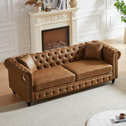 Modern Chesterfield Sofa Couch, 85.5-inch Faux Leather 3-Seater Sofa with Rolled Arms and Tufted Button for Living Room, Office, Brown