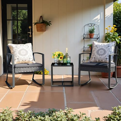 Resin Patio Furniture Set 3 Piece All Weather Outdoor Rocking Chairs with Cushions and Coffee Table for Bistro Balcony Porch (Black)