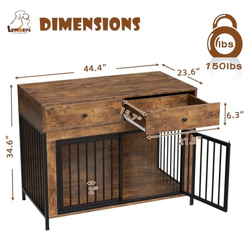 44" Wooden Dog Crate Furniture with Drawers for Large Dogs, Brown, view 3