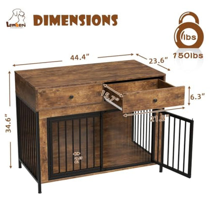 44" Wooden Dog Crate Furniture with Drawers for Large Dogs, Brown, view 3