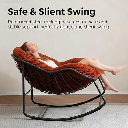 Oversized Outdoor Papasan Rocking Chair with Soft Cushion, Comfy Patio Egg Chair, Wicker Lounge Rocker for Balcony/Porch/Garden, Reinforced All Weather Rattan Frame, 330 lbs Support, Burnt Orange