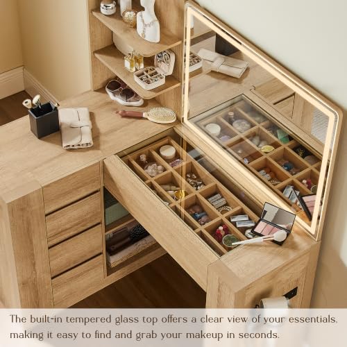 48" Makeup Vanity Desk with Mirror and Lights, Glass Top, Natural Oak, view 6