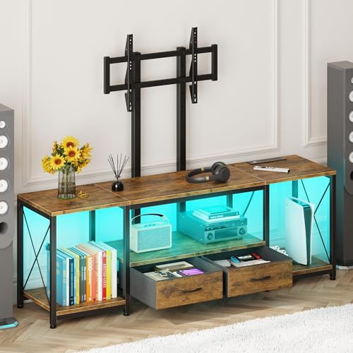 LED TV Stand with Mount and Power Outlet & Fabric Drawers for 32-85 Inches TV - Entertainment Center and Corner Tv Stand for Living Room, Bedroom- 47" Rustic Brown (Max VESA 600mm × 400mm | with Mount