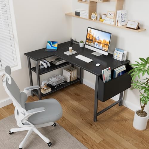 Small L Shaped Desk with Power Outlet Shelves, view 3