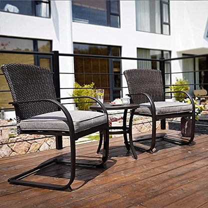 3-Piece Bistro Set, Outdoor Wicker Table Set, Rocking Wicker Chairs with Removable Cushions and Small Coffee Table, Patio Furniture Sets for Balcony, Porch, Grey