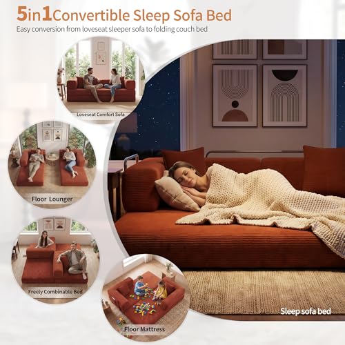 78.8" Convertible Sofa Bed with Armrest Pillow, 4-in-1 Sleeper Couch Bed for Livingroom, Modular Corduroy Boneless couches, No Assembly (Orange)