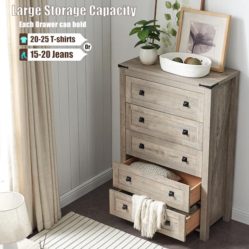48" Tall Farmhouse 5-Drawer Dresser for Bedroom, Light Rustic Oak | Rustic chests of drawers, Wood Storage Cabinet, Metal Handle, Unique Corner Accent, Bedroom, Living Room, Hallway