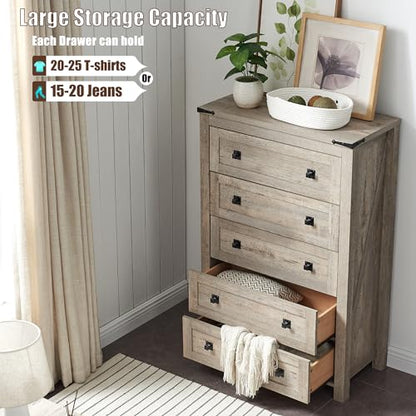 48" Tall Farmhouse 5-Drawer Dresser for Bedroom, Light Rustic Oak | Rustic chests of drawers, Wood Storage Cabinet, Metal Handle, Unique Corner Accent, Bedroom, Living Room, Hallway