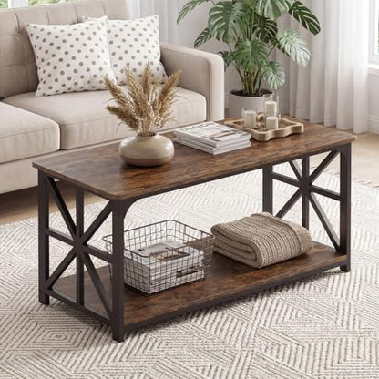Farmhouse Coffee Table, 43" Center Table with Storage & X-Shaped Frames, 2-Tier Modern Accent Cocktail Tea Table, Rectangular Wood Living Room Tables for Small Spaces, Rustic Brown