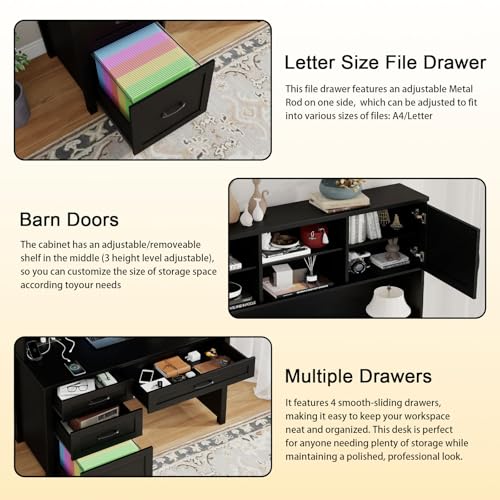 Farmhouse 67" H Executive Desk with Hutch & Drawers, Black, view 7