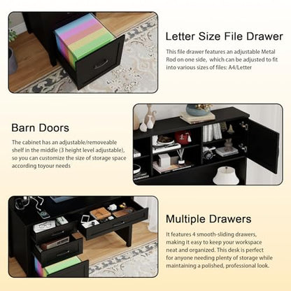 Farmhouse 67" H Executive Desk with Hutch & Drawers, Black, view 7