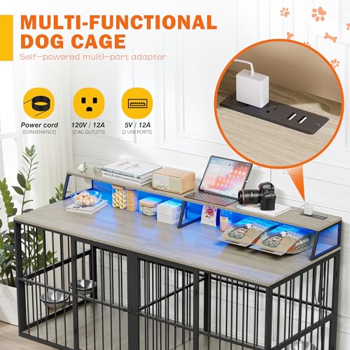 72" Double Dog Crate Furniture with LED Light and Power Outlets, view 4